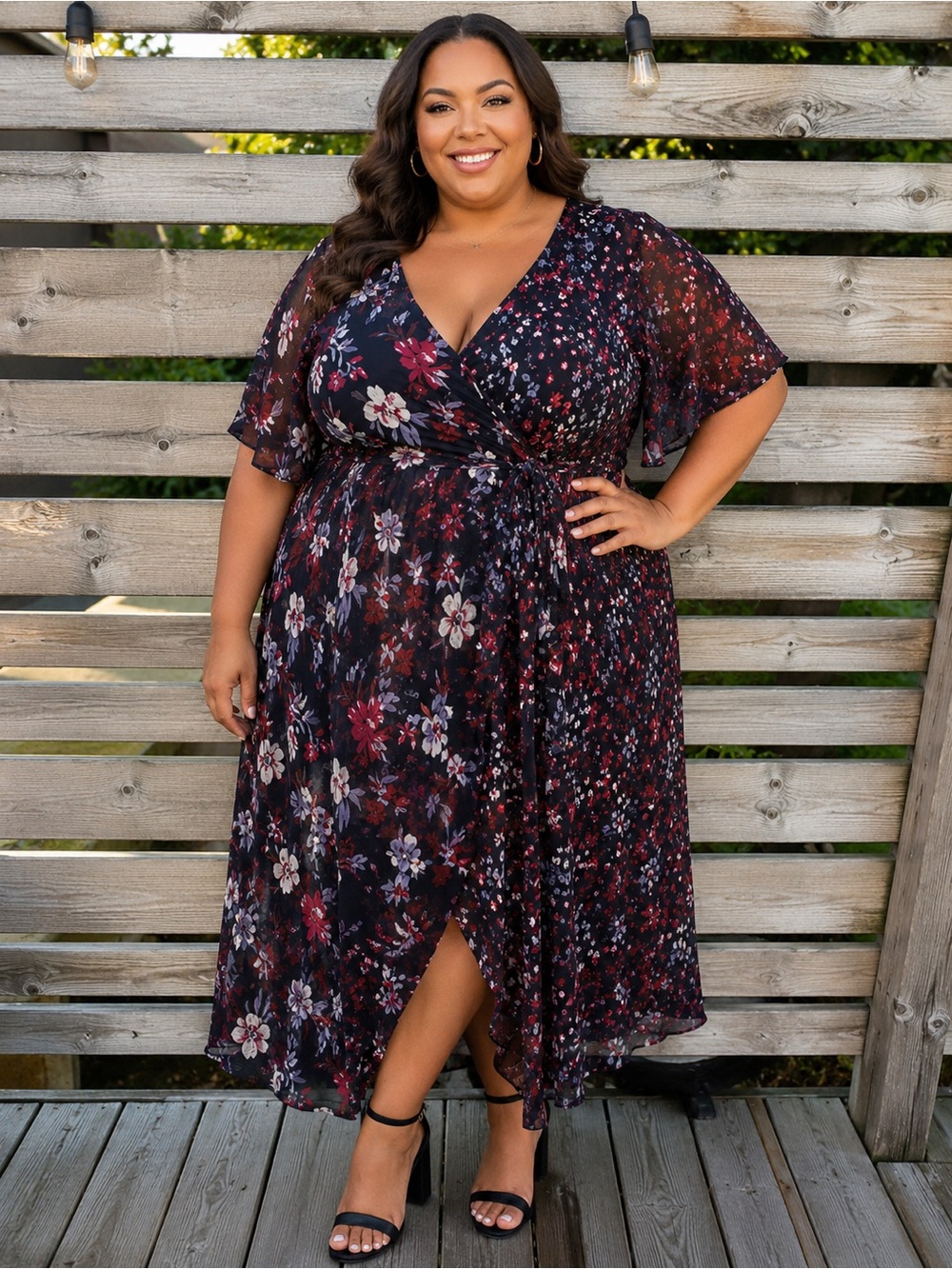 Addition Elle Navy Floral Wrap Midi Dress with Burgundy Accents